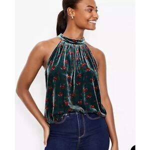 Loft Floral Velvet Shirred Halter Top Women's Medium Green Red Roses